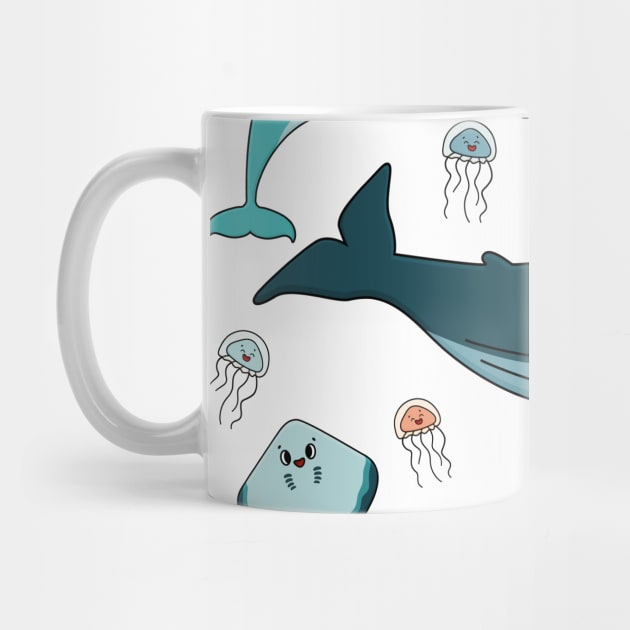 cartoon ocean and sea happy animals. Whale, dolphin, shark, stingray of two types, jellyfish by essskina